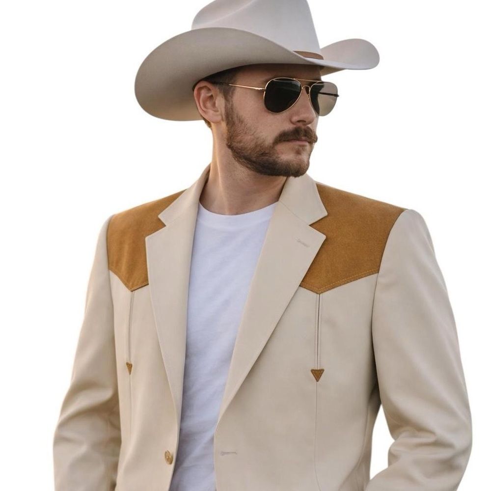 Vintage 1970s Western Blazer Cream Faux Suede Yoke Cowboy Jacket Large